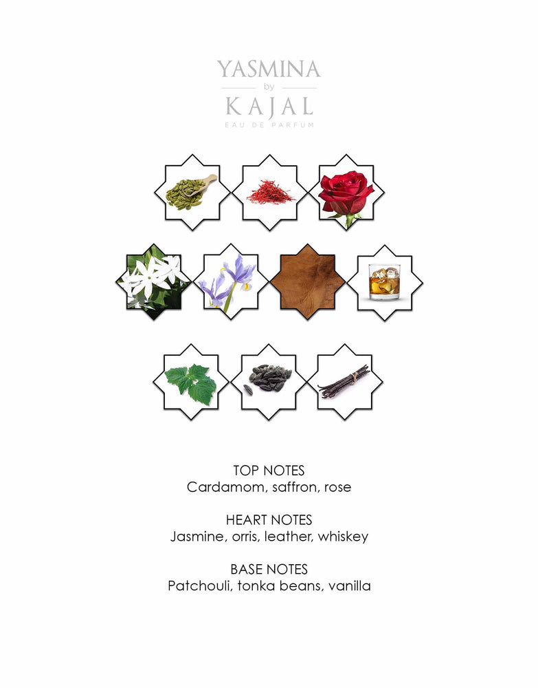 Notes of Yasmina by Kajal EDP 100ml.  A new niche fragrance part of the Warde Collection.